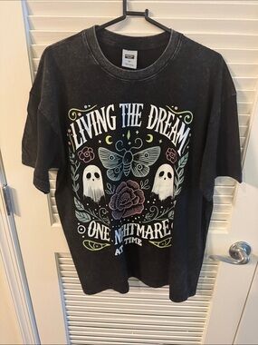 Vintage-inspired Black mineral-wash tee by-Digiprint feature  "Living the Dream,